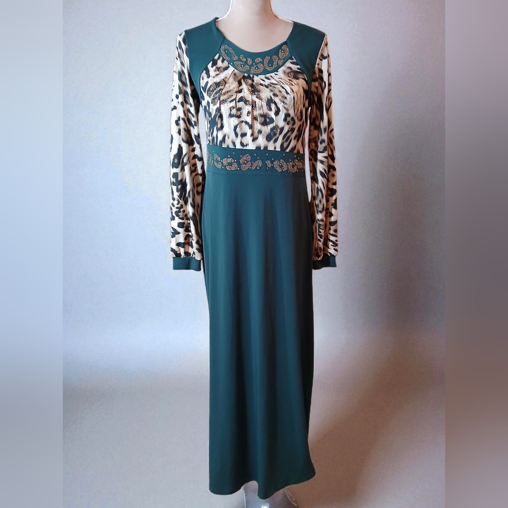 Samatia Green Brown Animal Leopard Print Studded Maxi Dress XL Forest Fairy